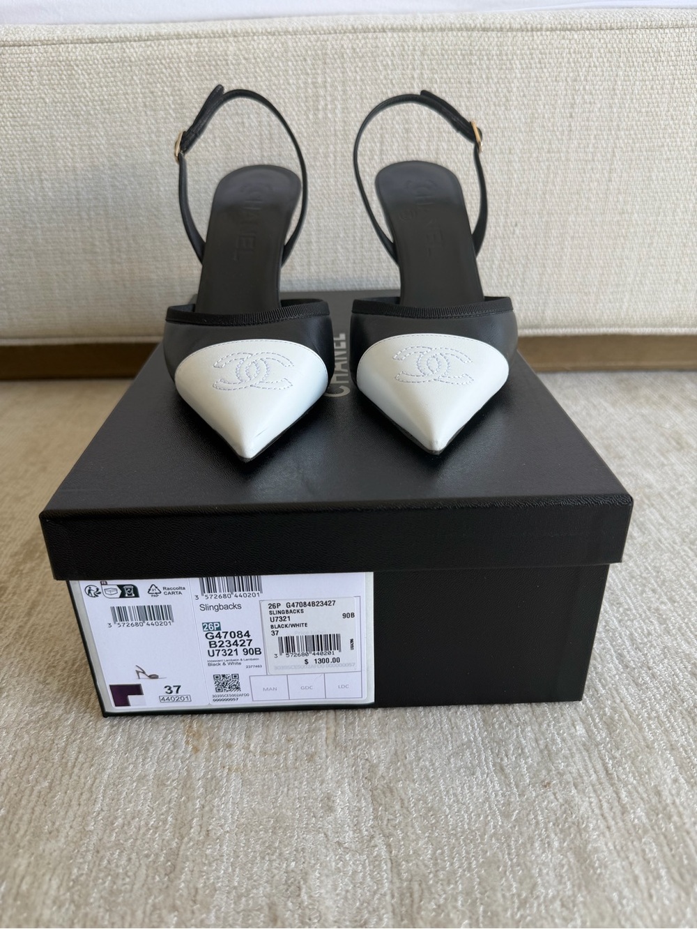 CHANEL Black & White Pointed Toe Slingback Pumps